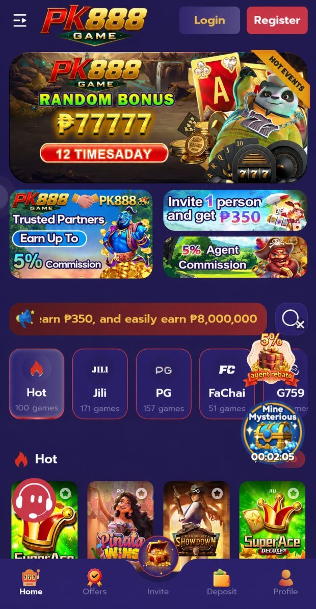 PK888 app home lobby showing bonus banners and hot slot games