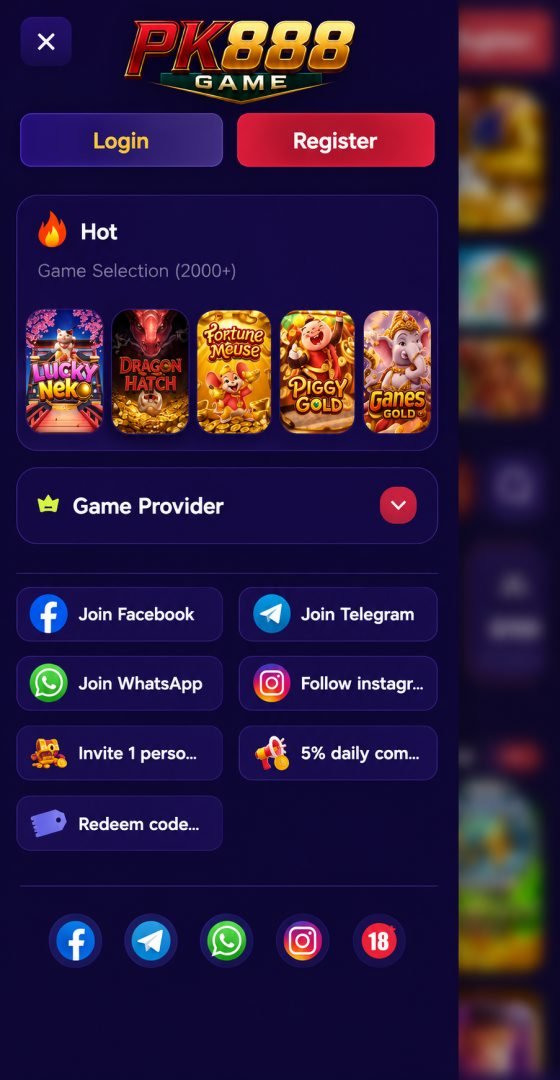 PK888 app quick menu with login, register, hot games and social links