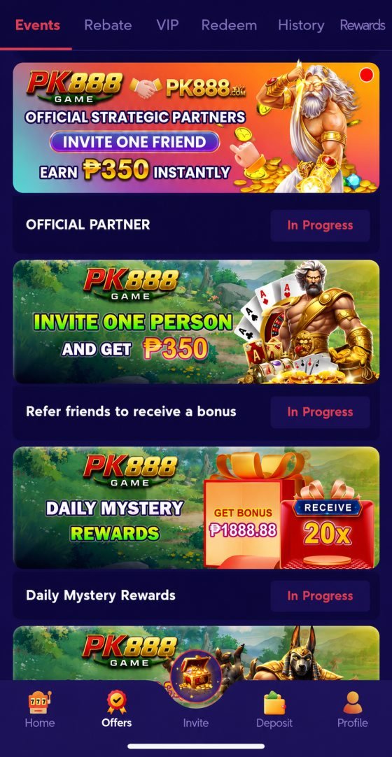 PK888 events and offers page with daily mystery rewards