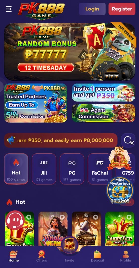 PK888 app home lobby with bonus banner and game providers