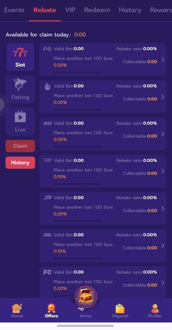 PK888 daily rebate dashboard with slot, fishing and live categories